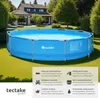 A round, blue swimming pool is set up on a green lawn in front of a house, with trees and landscaping around it. The bottom right corner of the image contains a white box with text and icons describing the product's features. Náhled obrázku produktu