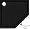 A black shower tray with a white drain cover and a flexible drain pipe. Produktbild-Vorschau