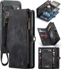 A collage of images showing a black leather wallet-style phone case for a Google Pixel phone, with various angles and features displayed. Produktbild-Vorschau