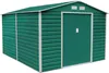 A green metal garden shed with a white trim and a double door. Náhľad obrázku produktu