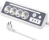 A white and gray power strip with four European-style outlets, two USB ports, a power button, and an LED light strip. Produktbild-Vorschau