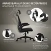 Marketing image for an ergonomic office chair, highlighting its adjustable features with diagrams and text. Produktbild-Vorschau