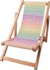 A wooden deck chair with a colorful fabric seat featuring a rainbow fish scale pattern. Podgląd zdjęcia produktu