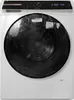 A front-on view of a white washing machine with a black drum covered in plastic wrap. Produktbild-Vorschau