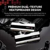 Two RAM modules with heat spreaders are shown on a dark, reflective surface, with text describing their design. Podgląd zdjęcia produktu