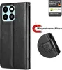A black leather flip case for a smartphone is shown, with a close-up of the magnetic closure and embossed design. Produktbild-Vorschau