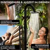 Collage of images showing a garden shower in use, with text overlays highlighting features. Produktbild-Vorschau