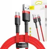 A product shot of a red and black USB-C charging cable with its packaging in the background. Produktbild-Vorschau