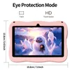A pink tablet displaying a cartoon image, with dimensions and feature callouts. Produktbild-Vorschau