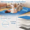 A woman is lying on a blue mattress, reading a book. The image also shows a diagram illustrating the mattress's 5-layer design and bubbles with text describing its features. Produktbild-Vorschau