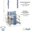 A wooden baby swing with gray cushions, shown with measurement indicators and product specifications. Anteprima dell’immagine prodotto