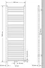 Technical drawing of a black radiator with dimensions and connection details. Náhľad obrázku produktu