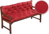 A red cushioned bench on a wooden frame, with a close-up inset of the fabric texture. Produktbild-Vorschau