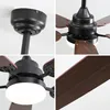 A collage of four images showing details of a black ceiling fan with wooden blades and an LED light. Produktbild-Vorschau