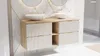 A modern bathroom vanity with two sinks and a wooden countertop. Podgląd zdjęcia produktu