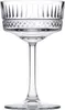 A single clear glass coupe champagne glass with decorative etching on a white background. Náhľad obrázku produktu
