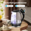 A glass electric kettle with blue LED lighting is shown on a wooden table next to a cup of coffee and a glass of tea. The image also includes text highlighting product features and dimensions. Produktbild-Vorschau