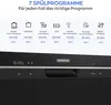 A diagram showing different dishwasher programs with icons, text descriptions, durations, and temperatures, overlaid on a partial view of a black dishwasher with a digital display. Produktbild-Vorschau