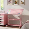 A child's bedroom with a pink desk and drawers, decorated with framed animal pictures. Produktbild-Vorschau