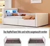 A white upholstered bed with built-in LED lighting, shelves, and storage drawers, shown with pillows and a blanket. Below, two separate views of the bed frame showing the slatted base and LED lighting. Produktbild-Vorschau