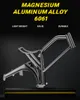 A metallic bicycle frame is displayed on a black and yellow platform against a black background, with text highlighting its features. Produktbild-Vorschau