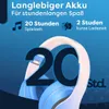 A close-up marketing image of headphones with text highlighting battery life and charging time. Produktbild-Vorschau
