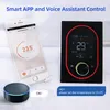 A smartphone displaying a thermostat app is shown next to a digital thermostat and a smart speaker. Produktbild-Vorschau