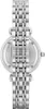 A top-down view of a silver watch band and the back of the watch case. Voir les images du produit