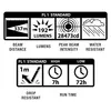 Diagrams and text illustrating the features and specifications of a flashlight. Produktbild-Vorschau