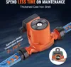 An orange water circulation pump is shown with text overlays highlighting its features and specifications. Anteprima dell’immagine prodotto