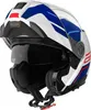 A white motorcycle helmet with blue and red accents, shown from the front-left with the visor up. Podgląd zdjęcia produktu