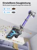 A cordless vacuum cleaner is shown in action, cleaning up debris from a couch. Produktbild-Vorschau
