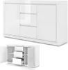 A white sideboard with three drawers and two cabinet doors, shown from the front and with one cabinet door open. Náhled obrázku produktu