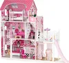 A detailed view of a pink and white wooden dollhouse with multiple rooms and accessories, including a slide and balcony. Produktbild-Vorschau