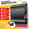 A black mailbox with promotional text and icons highlighting its features. Produktbild-Vorschau
