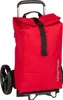 A red shopping trolley bag with black wheels and handle. Voir les images du produit