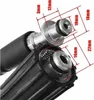 Close-up view of two connecting parts of a pressure washer hose, with dimensions indicated by red lines and text. Produktbild-Vorschau