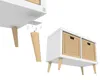 An illustration showing how to attach wooden legs to a white cabinet with woven baskets. Produktbild-Vorschau