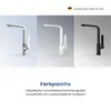 A collage of three different colored kitchen faucets against a gradient background, with marketing text below. Podgląd zdjęcia produktu