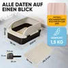 A cat litter box with accessories and dimensions displayed on a floor. Produktbild-Vorschau