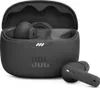 A pair of black JBL wireless earbuds and their charging case are displayed against a white background. Produktbild-Vorschau