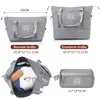 A collage of images showing different sizes and views of a gray travel bag, along with a smaller toiletry bag. Produktbild-Vorschau