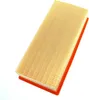 A rectangular air filter with yellow pleated paper and an orange rubber frame, isolated on a white background. Voir les images du produit