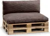 A close-up shot of a modular sofa cushion set made from a wooden pallet and upholstered in dark brown corduroy fabric. Produktbild-Vorschau