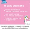 Marketing image for "Mitbring-Experimente" with bullet points and a unicorn illustration. Produktbild-Vorschau