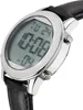 Close-up of a digital watch with a black leather strap. Náhled obrázku produktu