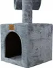 A grey cat tree with a cubby hole and a logo tag. Náhled obrázku produktu