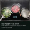 A top-down view of a black induction hob with three pots cooking food. Text below describes a feature. Voir les images du produit