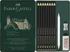 An open tin case containing a set of graphite pencils, a blending stump, a sharpener, and an eraser. The lid of the case features a drawing of a castle and brand information. Podgląd zdjęcia produktu