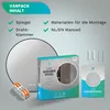 A flat lay image showing a round mirror, its packaging, and mounting hardware, along with text detailing package contents. Produktbild-Vorschau